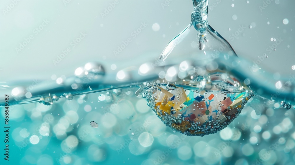 Close-up of microplastics floating in clear water, highlighting the ...