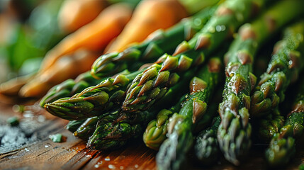 Delicious Fresh Picked Asparagus Tips on Wooden Table on Blurry Background