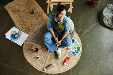 Wall Mural - A young Asian woman in an apron sits on a round rug, holding paintbrushes and reflecting on her artwork.