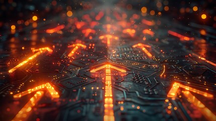 Poster - An artistic depiction of arrows integrated into a circuit board pattern, symbolizing direction and technology. The intricate pathways and integrated arrows create a visually striking