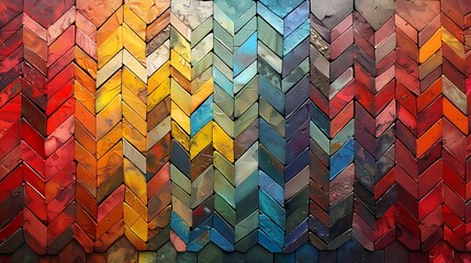 An artistic depiction of chevron patterns made of small, colorful tiles, creating a mosaic artwork effect. The tiles in bright, contrasting colors form intricate chevron patterns.