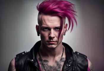 Wall Mural - portrait of a man in a punk outfit with dark pink hair shaved on the side, isolated white background