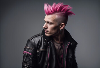 Wall Mural - portrait of a man in a punk outfit with dark pink hair shaved on the side, isolated white background