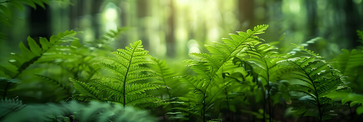Green fern in the summer in the forest. Creative banner. Copyspace image
