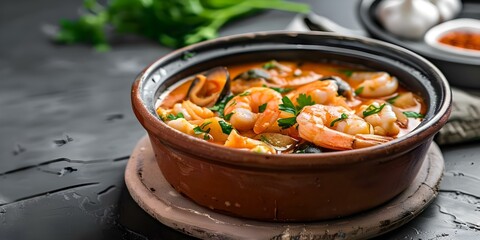 Wall Mural - Authentic Brazilian seafood stew A flavorful Capixaba dish cooked in a clay pot. Concept Brazilian Cuisine, Seafood Delicacy, Traditional Capixaba Recipe, Clay Pot Cooking, Flavorful Stew