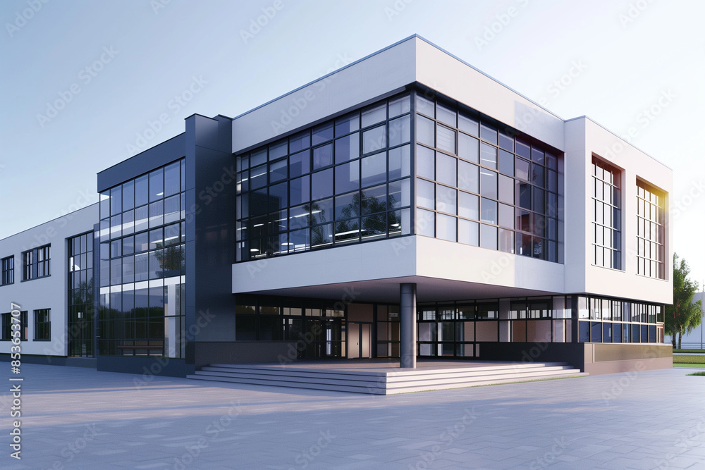 Modern Glass-Facade School Building with a Sunlit Exterior and ...