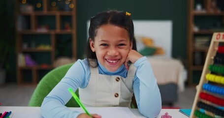 Leinwandbilder - Girl, face and happy with school, writing and assignment for education and learning. Excited student, classroom and mad for knowledge, homework and mental development for skills and kindergarten