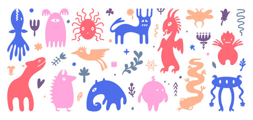 Sticker - Abstract doodle creatures. Fantastic creature fictional monsters animals and plants with crazy faces. Strange characters, neoteric vector set