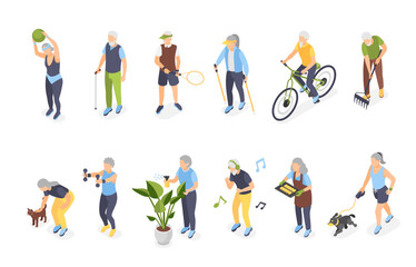 Wall Mural - Isometric old people activities. Elderly men women training, play tennis cycling and dancing. Walk with dog and stroking cat, flawless vector characters