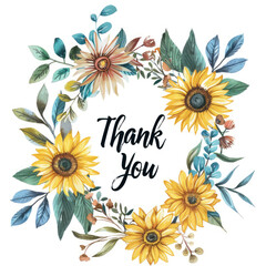 Wall Mural - Thank you card in a bouquet of sunflowers, daisies and assorted leaves on a white background