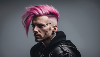 Wall Mural - portrait of a man in a punk outfit with dark pink hair shaved on the side, isolated white background