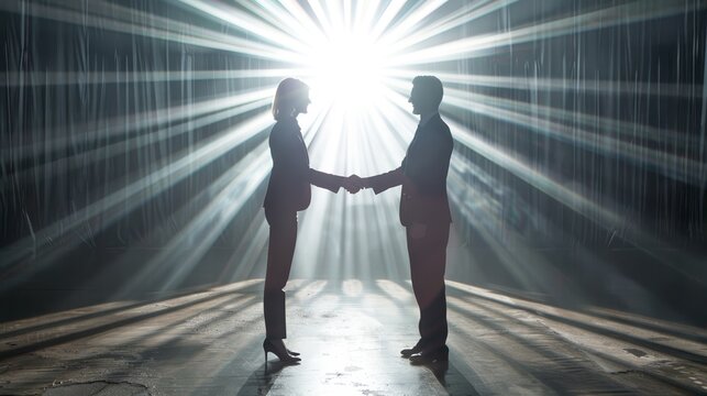 Silhouettes of a man and woman shaking hands in a bright, radiant light.  A symbol of partnership, success, and a shared vision.
