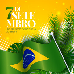 Brazil Independence Day Illustration with Brazilian Flag, Tropical Leaves and Typography Lettering on Green Background. 7th September National Celebration Vector Design for Banner, Greeting Card