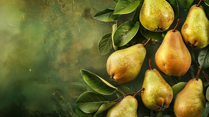 A bunch of pears are on a green background