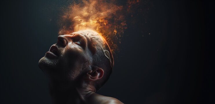 Intriguing Image of a Futuristic Man with a Brain Ablaze with Ideas Representing AI Enhancing Human Capabilities