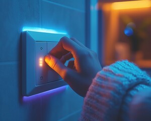 A closeup of a mans hand or fingers turning on and off a grey light switch next to a dark blue wall at home during the night Electrical energy conservation, power, and safety