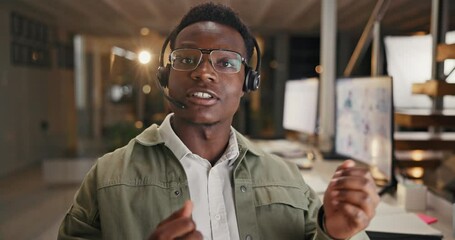 Poster - Black man, call center or face on videocall for support, telemarketing agent with explanation. Male consultant, customer service or conversation with microphone, advisory or assistance for company