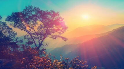 Wall Mural - Sunrise. Panoramic View of Colorful Dawn in the Mountains with Vintage Filtered Background