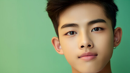 Portrait of a cute handsome happy Asian teenager guy with perfect skin, light green background, banner.