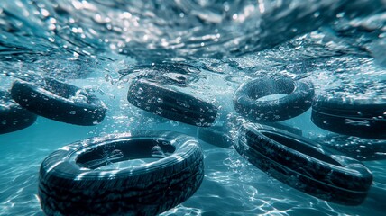 Floating Tires Beneath Clear Water Surface in a Dynamic Scene