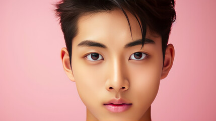 Portrait of a cute handsome happy Asian teenager guy with perfect skin, pink background, banner.