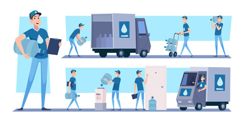 Canvas Print - Water delivery. Service people transporting water plastic bottles exact vector cartoon template