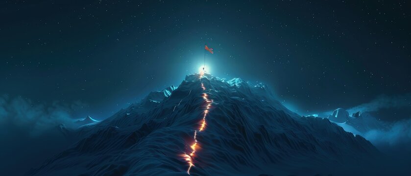 Illuminated trail up a mountain with a flag on top, symbolizing journey and accomplishment Nighttime setting, digital art