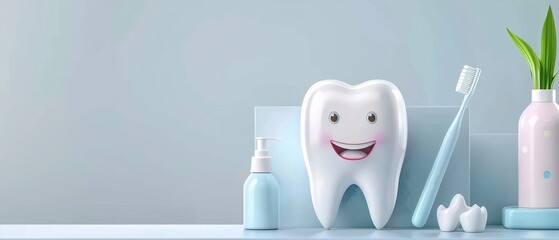 Healthy teeth concept with a sparkling smile and dental care products, emphasizing regular oral hygiene
