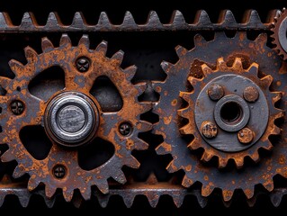 Detailed view of two interlocking rusty gears highlighting their aged and textured surfaces Show wear and oxidation, beauty of industrial decay and history Panorama with copy space