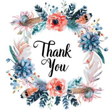 Thank you card in a bohemian wreath with succulents, feathers and wildflowers on a white background