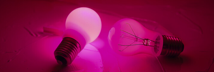 Two glowing pink light bulbs on a table