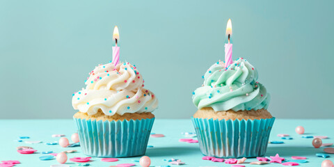 Two Cupcakes with Light Blue and Pink Sprinkles and Lit Candles