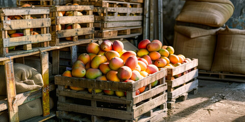 Wall Mural - A crate full of mangoes sits on a wooden pallet