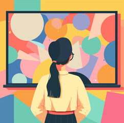 Poster - girl looking painting cartoon vector scene. back view ponytail hair circles rectangles geometrical a