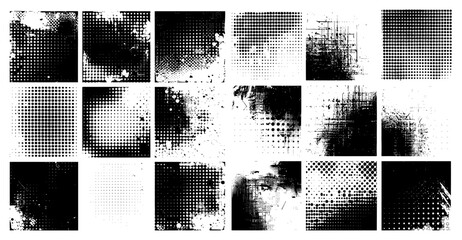 Poster - Halftone rectangles black ink vector set. Squares frames texture dots splashes grunge isolated on white background