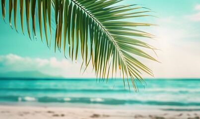 Canvas Print - Vibrant Palm Leaf Against Tropical Beach Background, Generative AI