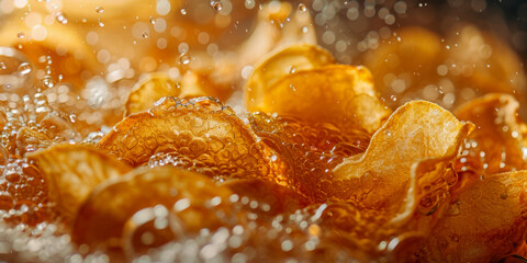 Wall Mural - A close up of a pile of potato chips in a pan of oil