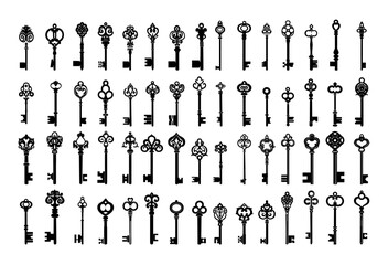 Poster - Keys black silhouettes vector set. Metal monogram lock release rod retro lace vintage fixture icons isolated on white background