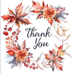 Thank you card in autumn wreath with maple leaves, berries and chrysanthemums on a white background
