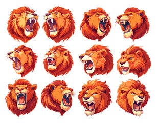 Poster - Lion avatars cartoon vector set. Cat grin rage fangs mane beasts king wild heads predator, illustration isolated on white background