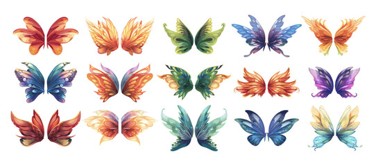 Wall Mural - Magic butterfly wings cartoon vector set. Fairy dryad fluttering nymph elf flying fairytale whimsical creatures elements isolated on white background