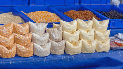 Poster - Corn Rice Grains Wheat Flour in Bags at Farmers Market