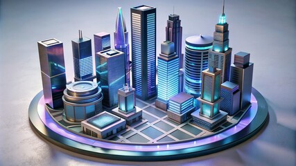Wall Mural - 3D Render of a Mini Futuristic Cityscape Featuring Skyscrapers, Hovercars, and Neon Lights on an Isolated White Background