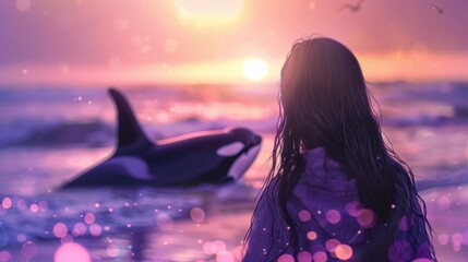 A long-haired woman on the beach looks at the sea, looking at her friend, the killer whale. The sun shines down on the water. Fascinating scene