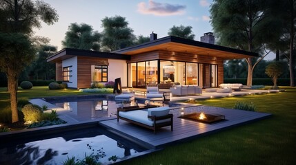 Wall Mural - modern residential building with fire place and swimming pool in garden in the evening