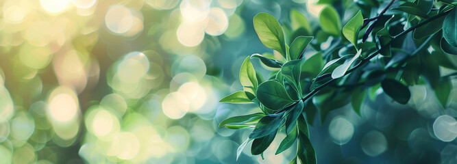 Wall Mural - Beautiful green leaves on blurred nature background with copy space for your text, natural plants landscape concept


