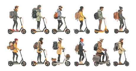 Poster - Scooter characters cartoon vector set. Helmets backpacks stand men women casual wear drive two wheel transport urban environmental people mobility vehicle illustration isolated on white background