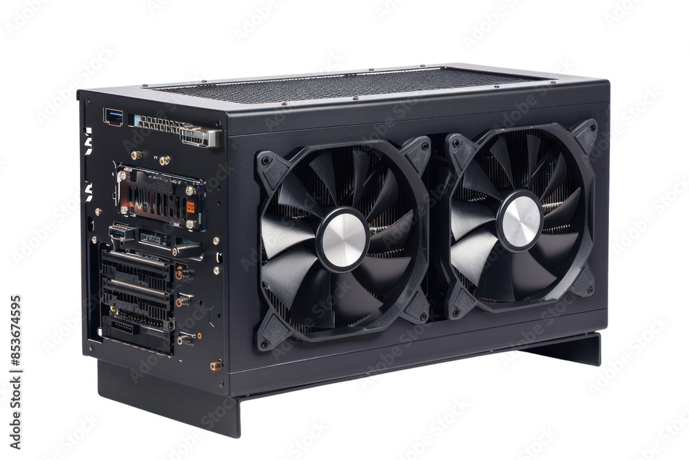 Modern graphic card with dual cooling fans on a white background ...