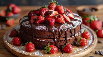 Wall Mural - An indulgent layered chocolate cake topped with fresh strawberries and drizzled with melted chocolate