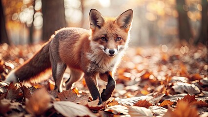 Canvas Print - A curious fox walking through a forest covered in autumn leaves.